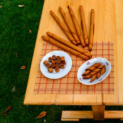 Fruit paste of apples, pears, peaches, plums. Delicious dessert of generous summer. Delicious, fragrant, sweet, pastila from ripe fruit. In the garden under the open sky, with a cup of tea is the best