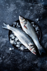 Fresh raw seabass fish on black stone background with ice. Culinary seafood background. Top view, copy space