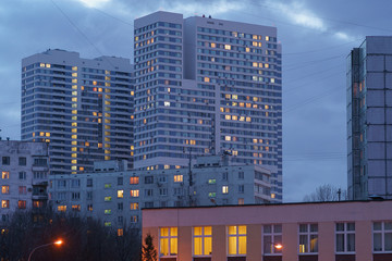 Fototapeta na wymiar Blue spring sunset in a residential area of Moscow