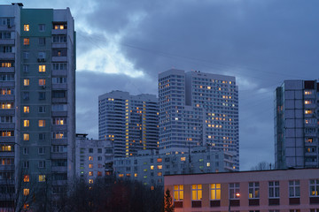 Blue spring sunset in a residential area of Moscow