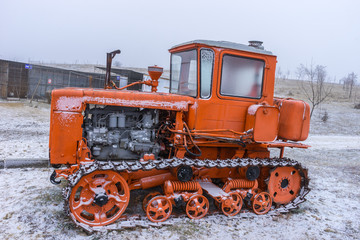Yessentuki , Russia - January 05.2019:  Tractor in a museum on the territory of the Petropavlovsk temple complex in Yessentuki