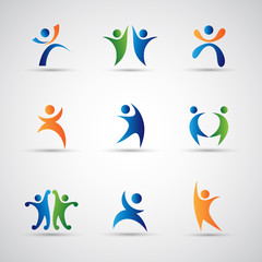 Abstract Logo Set. Human Character Figure Isolated On Gray Background. Icons Of Success, Celebration, Achievement And Activity. Vector Illustration Of People Logo, Graphic Design