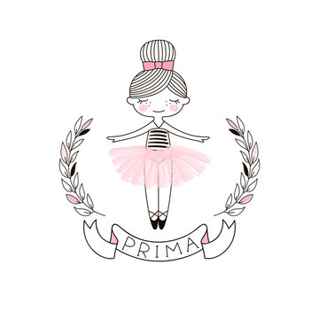 Cute little Ballerina Doll in pink transparent ballet skirt. Simple linear vector graphic illustration isolated on white . Perfect for girlish design, t-shirt fashion print, girl room wall poster