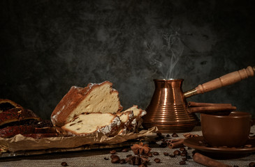 Freshly brewed black coffee with homemade cakes