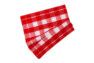 Closeup of a red and white checkered napkin or tablecloth isolated on white background. Kitchen accessories.