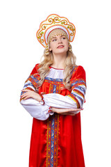 Traditional Russian folk costume, portrait of a young beautiful girl