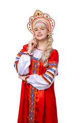 Traditional Russian folk costume, portrait of a young beautiful girl