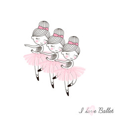 Cute little dancing Ballerina dolls in pink transparent ballet skirts. Simple linear vector graphic illustration isolated on white . Perfect for girlish design, t-shirt fashion print, girl room wall © AngellozOlga