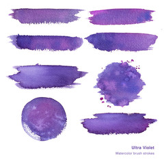 Fluid  watercolor abstract brushstrokes and circles. Trend color of the year. Design elements in vibrant ultra violet. Space galaxy illustration.