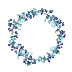 Watercolor isolated  wreath with eucalyptus and berries. Holiday hand drawn decoration.