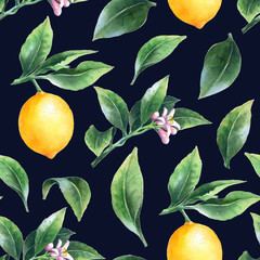 Lemon on a branch on dark  background. Watercolor seamless pattern of citrus leaves, fruit and blossoms.