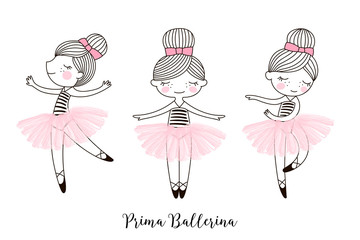 Set of cute little dancing cartoon Ballerina doll characters in pink transparent ballet skirts. Simple linear vector graphic illustration isolated on white . Perfect for girlish design, t-shirt