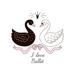 Fototapeta premium Cute black and white swans birds in crown and ribbon bow. Ballet themed vector illustration isolated on white. Simple linear pink colored graphics for girlish design, t-shirt fashion print, wall art