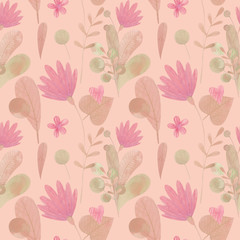 seamless pattern with cute watercolor illustration of stylized flowers.