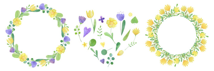 set of hand-drawn watercolor frames of stylized flowers