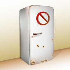 Realistic old rusty refrigerator with a prohibition sign. Vector illustration.