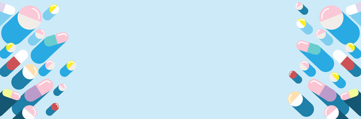 Set of Colorful Tablets and Capsules isolated on blue background - pills, Painkiller tablet, vitamin, pharmaceutical antibiotics. Healthcare concept. Flat cartoon vector illustration.