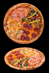 Assorted pizza with salami, olives and mushrooms. On dark background