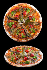 Vegetarian pizza with eggplant, broccoli and garlic. On dark background