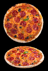 Pizza with salami and olives on a dark background