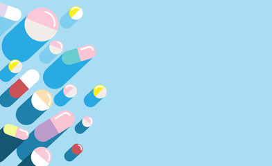 Set of Colorful Tablets and Capsules isolated on blue background - pills, Painkiller tablet, vitamin, pharmaceutical antibiotics. Healthcare concept. Vector illustration. Top view, Copy space