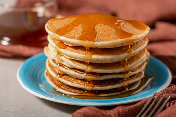 Pancakes Close Up, Delicious breakfast of pancakes with honey and sugar powder, close up view