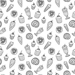 Seamless hand drawn ice cream pattern, monochrome background