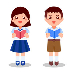Obraz premium cute thai student reading book on white background. Flat cartoon vector illustration