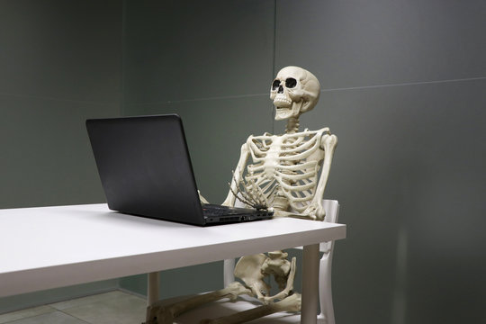 esqueleto en oficina trabajando y muerto de aburrimiento