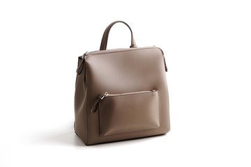 Luxury gray leather female bag backpack, isolated