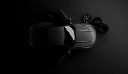 Expensive luxury sports car coupe tire repair on tire service. Repair a puncture wheel. 3d render © medvedsky_kz