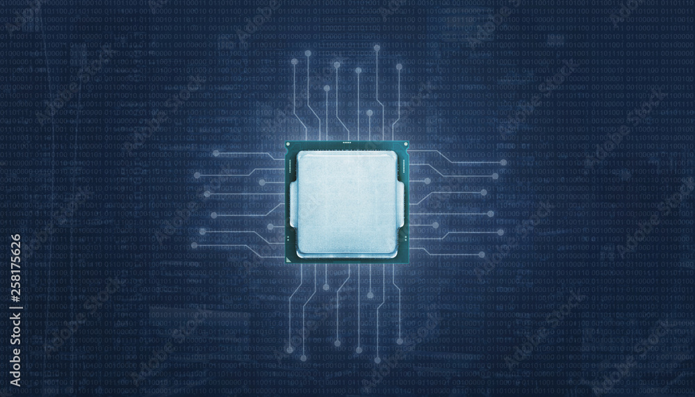 Poster processor with ligting microelectronics circuits. binary code in abstract background.