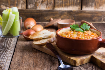 Healthy vegetarian barley soup with seasonal vegetables