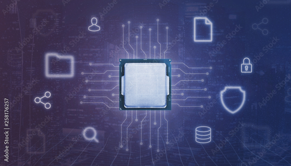 Poster central process unit cpu and electronic circuit surrounded with online services icon. concept of pro