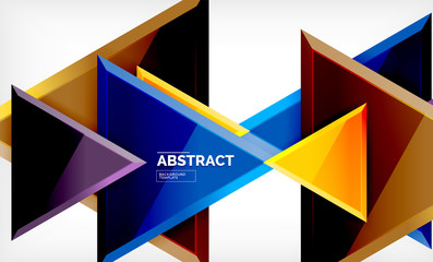 Triangles repetiton geometric abstract background, multicolored glossy triangular shapes, hi-tech poster cover design or web presentation template with copy space