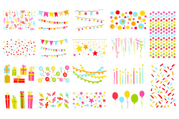 Party elements big set, pennants, flags, garlands, candles, balloons, presents, stars colorful vector Illustration - obrazy, fototapety, plakaty