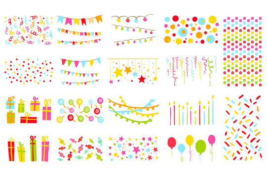 Party elements big set, pennants, flags, garlands, candles, balloons, presents, stars colorful vector Illustration