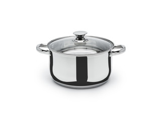 Kitchenware cauldron pot silver chrome-plated metal glass cover isolate on a white background. Throws a shadow.