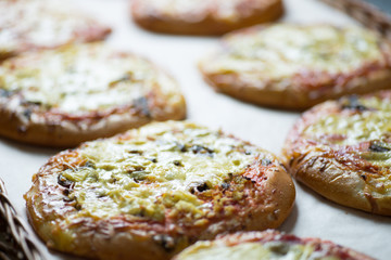 small pizzas and pastries in the basket on the bakery window