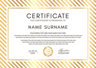 Certificate template with gold line frame and golden badge. White background design for Diploma, certificate of appreciation or award