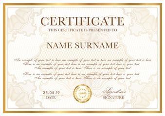 Certificate template. Gold border with Guilloche pattern for Diploma, deed, certificate of appreciation, achievement, any award design - obrazy, fototapety, plakaty