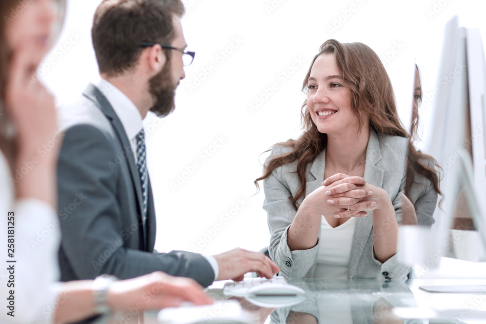 Sticker side view.business woman sitting at her Desk