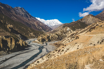 Marsjandi-Khola river. Annapurna circuit trek. Himalayan mountains