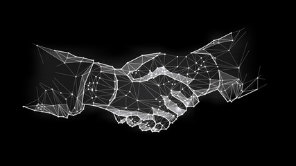 Abstract virtual Hand shake the circle interface on green cyberspace background with low-poly, polygon and triangle. Wireframe light connection structure vector