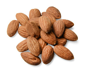 A bunch of almonds on a white isolated background. Close-up. Top view.