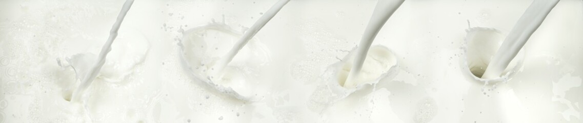 Fototapeta na wymiar Row of four different fresh milk splash splashing pouring food diary concept background