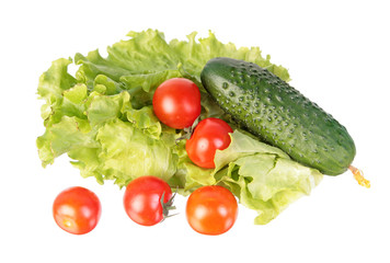 Fresh green cucumber, red tomatoes and green salad leaves isolated on white background. Ingredients for vegetable salad