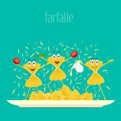 Pasta on a plate. Farfalle recipe. Funny, cartoon pasta characters smiling and laughing. Vector illustration.