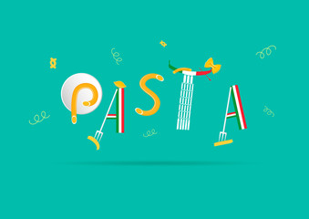 Pasta vector. Text abstract composition from different italian elements. Italian food