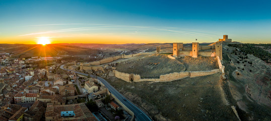 Molina de Aragon classic medieval Spanish ruined castle aerial panorama view at sunset close to...